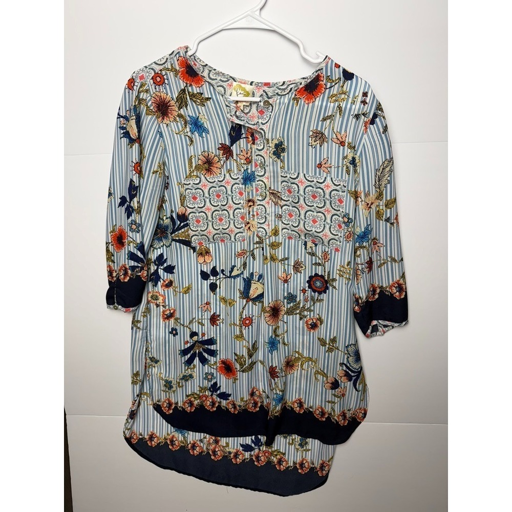 Fig and Flower Tunic Top Women's M Multi Striped Floral 3/4‎ Sleeve  Boho Blouse
